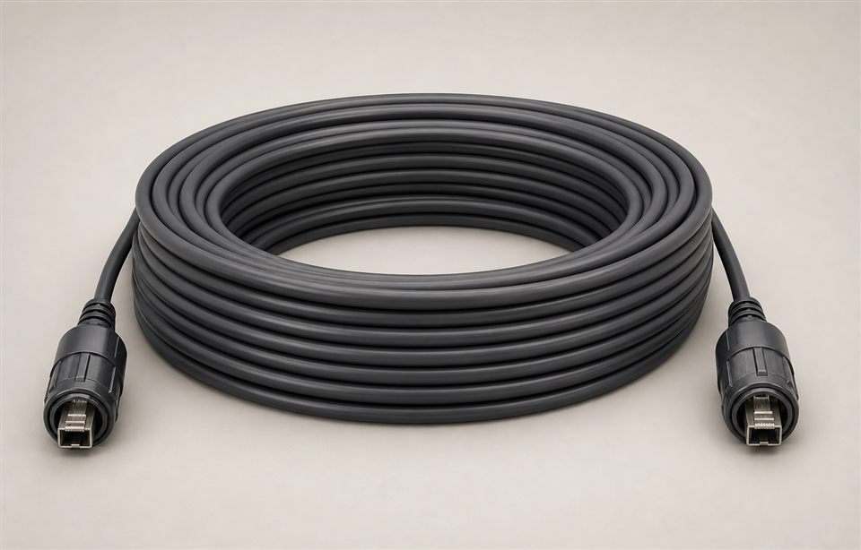 Cable de red exterior enrollado con conectores resistentes