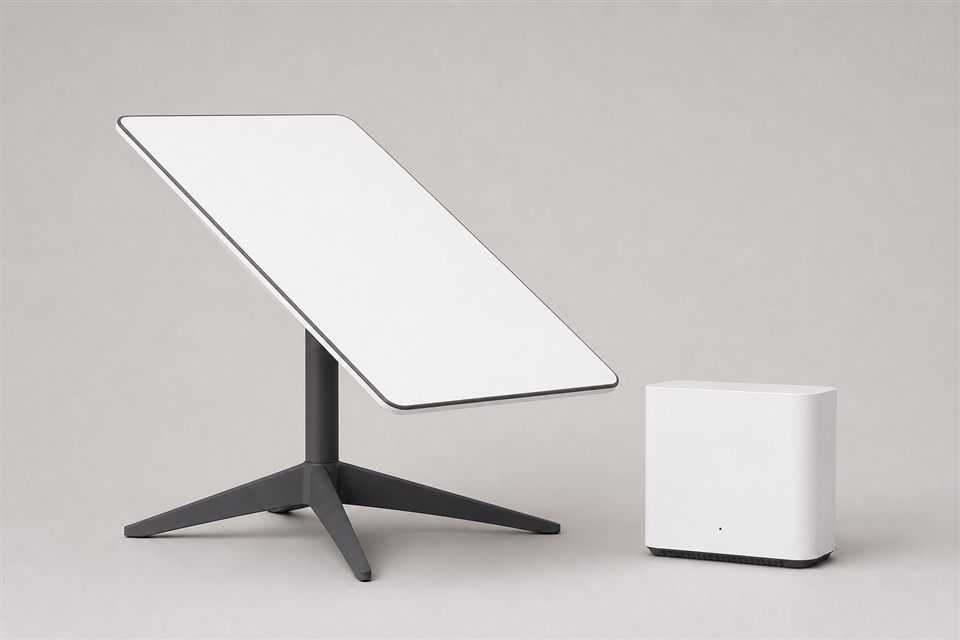 Kit satelital fijo con antena rectangular y router Wi-Fi